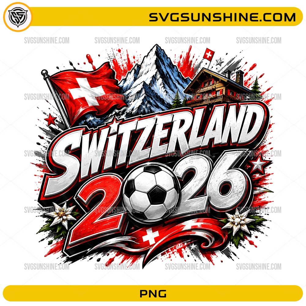 Switzerland 2026 Soccer PNG with Swiss flag soccer ball and alpine mountains