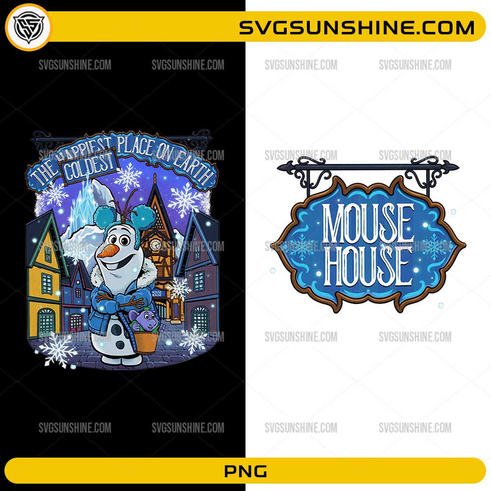 The Happiest Place On Earth Coldest Place Winter Olaf PNG winter vacation shirt design with snowman character and snowy village