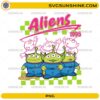 Toy Story Aliens PNG featuring the Little Green Aliens from Pizza Planet in a colorful retro-inspired design for sublimation projects.