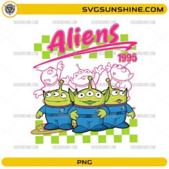 Toy Story Aliens PNG featuring the Little Green Aliens from Pizza Planet in a colorful retro-inspired design for sublimation projects.