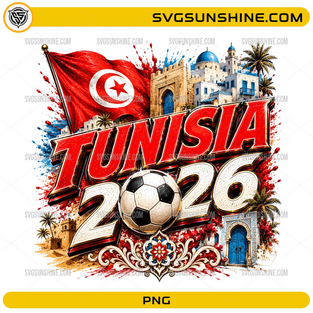 Tunisia 2026 Soccer PNG with flag soccer ball architecture and blue door