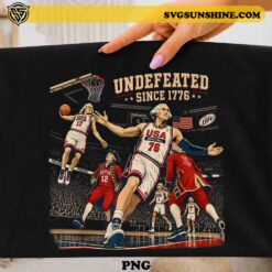 Undefeated Since 1776 Basketball PNG featuring vintage patriotic USA basketball artwork for Fourth of July shirts, sublimation printing, Cricut projects, and America 250 merchandise.