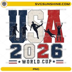 USA 2026 World Cup PNG featuring vintage patriotic typography, soccer player silhouettes, and transparent background