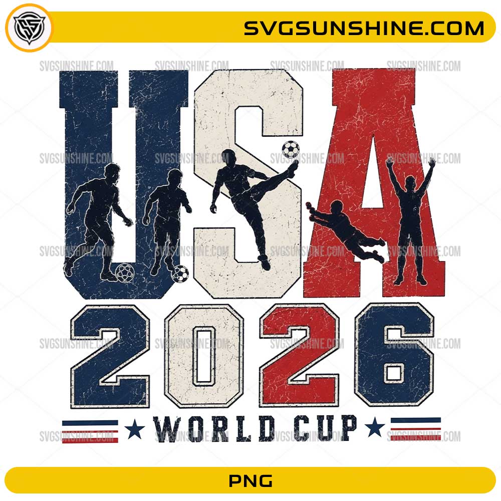 USA 2026 World Cup PNG featuring vintage patriotic typography, soccer player silhouettes, and transparent background