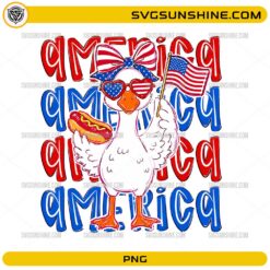 USA Goose PNG with patriotic bow, heart sunglasses, American flag, hot dog, and America lettering