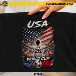 USA World Cup 2026 PNG featuring an American soccer player, USA flag, and One Nation One Team One Goal artwork for t-shirts, sublimation, Cricut, and patriotic fan merchandise.