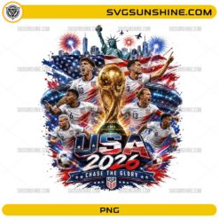 USA World Cup 2026 PNG featuring Team USA soccer players, American flag, championship trophy, and transparent background