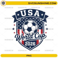 USA World Cup 2026 PNG featuring a vintage soccer shield, stars and stripes, soccer ball, and transparent background