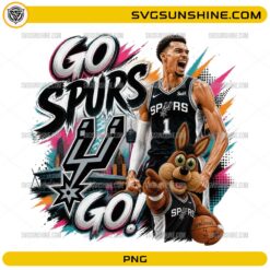 Victor Wembanyama Go Spurs Go PNG featuring San Antonio basketball graphics, mascot artwork, and colorful sports design