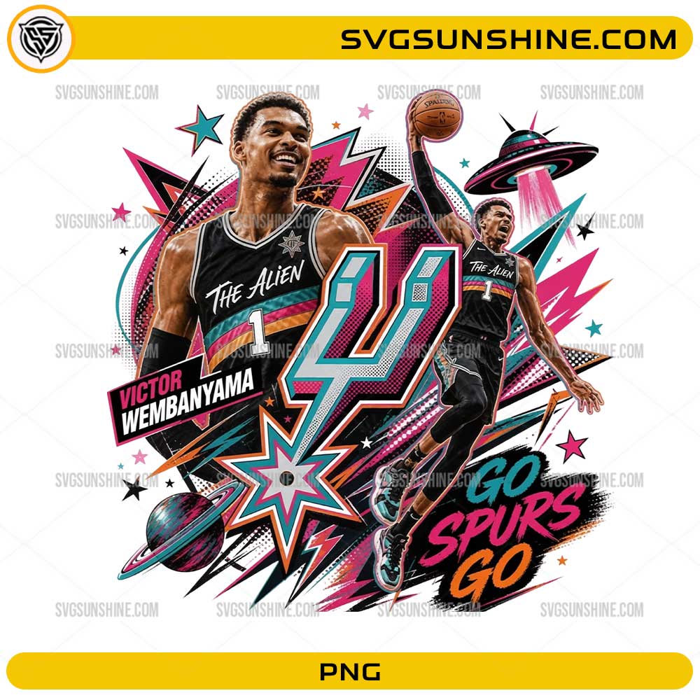 Victor Wembanyama Spurs PNG featuring colorful basketball artwork and Go Spurs Go design