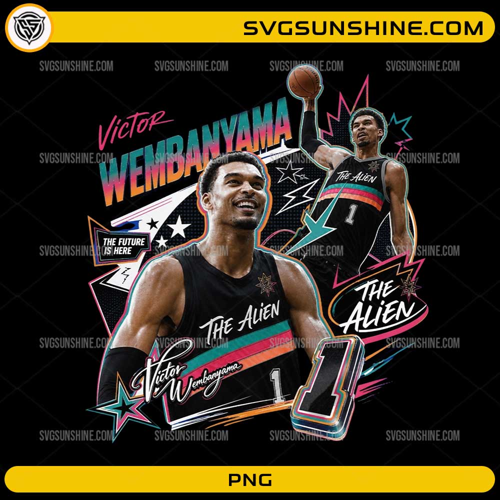 Victor Wembanyama Spurs PNG featuring The Alien basketball design with colorful retro graphics