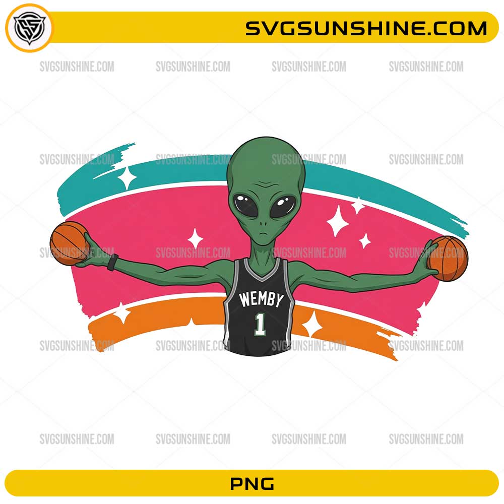 Wemby The Alien PNG featuring San Antonio basketball-inspired alien character holding two basketballs