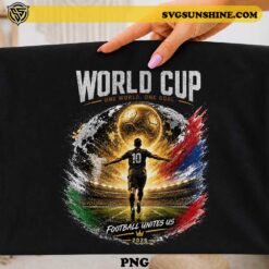 World Cup 2026 Football PNG featuring a golden soccer ball, football player silhouette, stadium scene, and One World One Goal design for t-shirts, sublimation, Cricut, and sports merchandise.