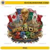 World Cup 2026 USA Canada Mexico PNG featuring the championship trophy with host nation flags and famous landmarks.
