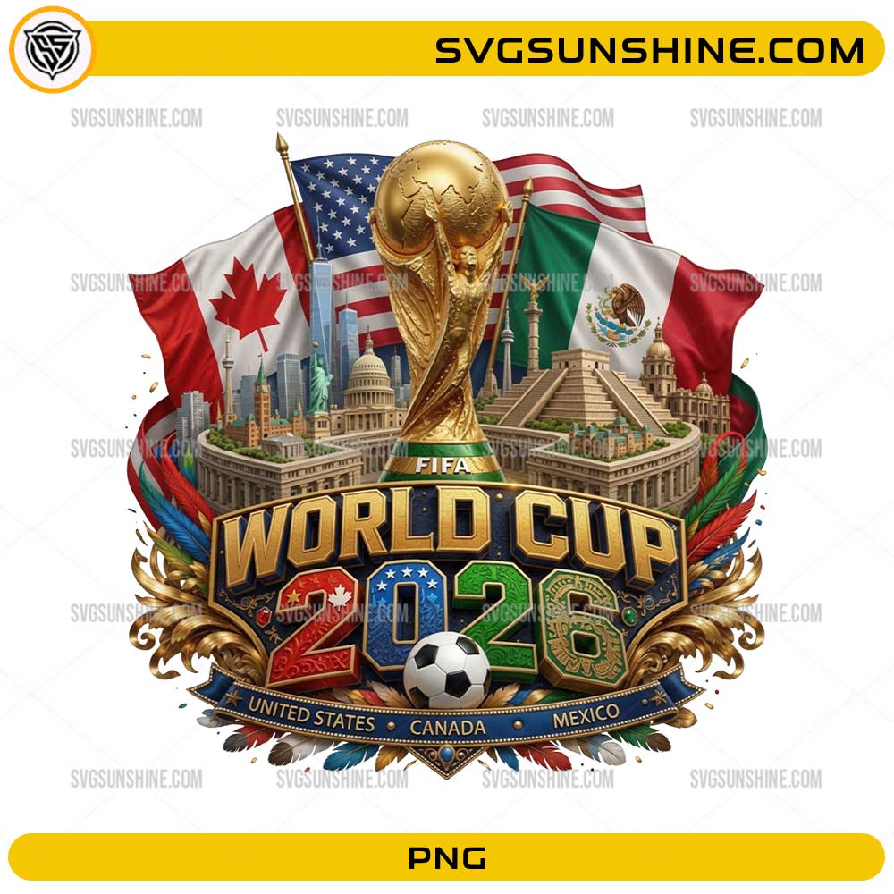 World Cup 2026 USA Canada Mexico PNG featuring the championship trophy with host nation flags and famous landmarks.