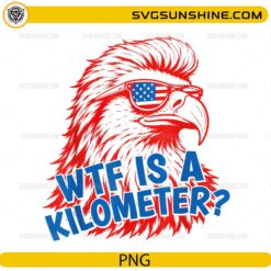 WTF Is A Kilometer PNG featuring a patriotic bald eagle wearing American flag sunglasses with funny USA meme text