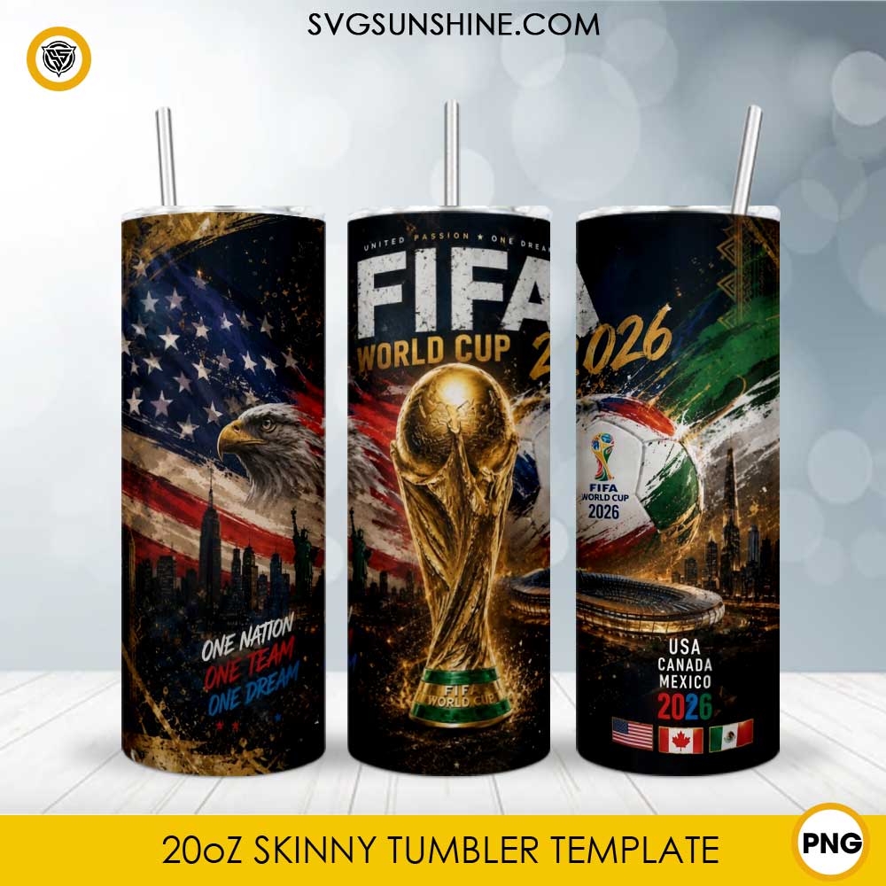2026 soccer championship 20oz skinny tumbler PNG sublimation wrap featuring trophy, USA flag, soccer ball, and host nations USA Canada Mexico