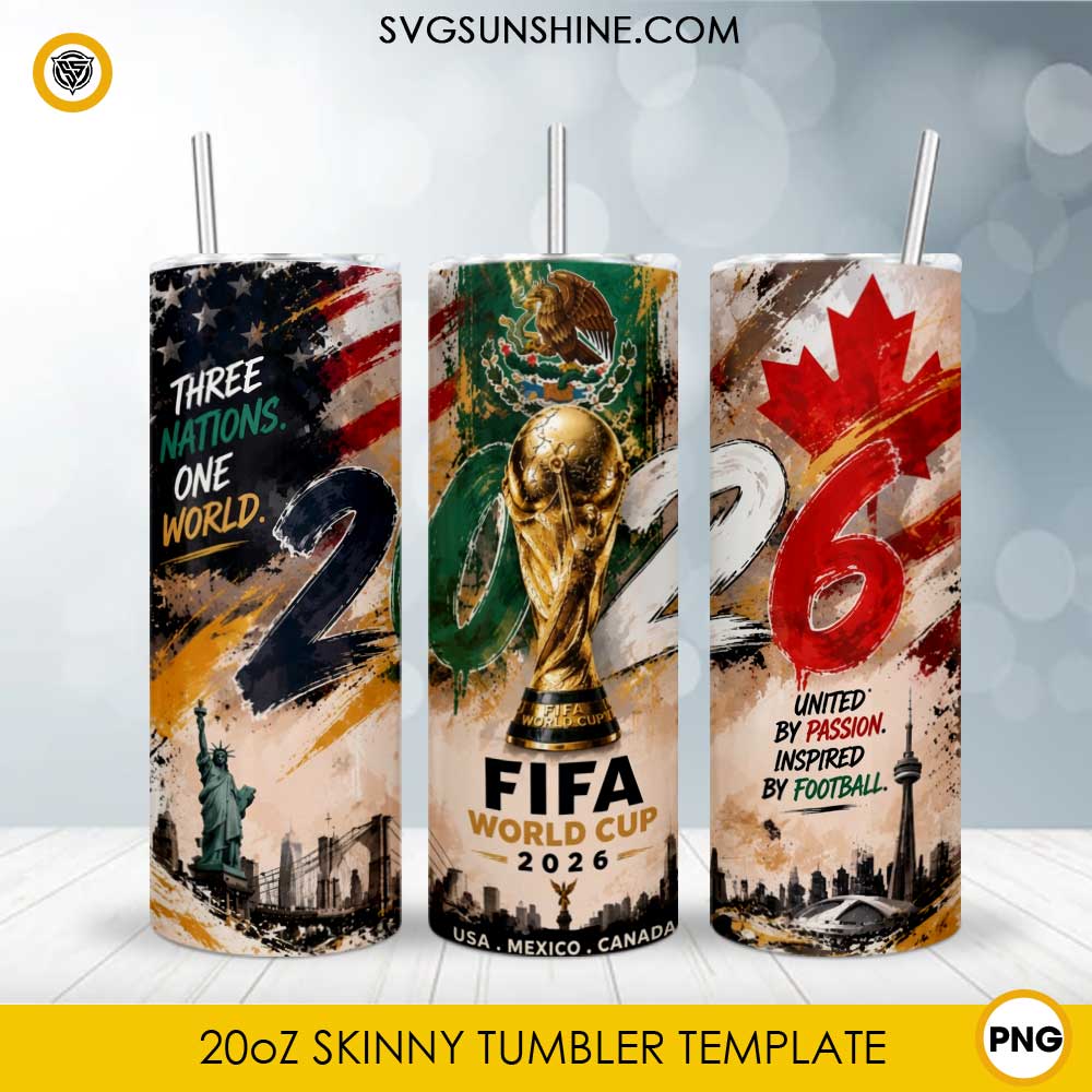 2026 soccer tournament 20oz skinny tumbler PNG sublimation wrap featuring championship trophy with USA Canada and Mexico patriotic artwork