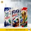 2026 World Soccer Championship 20oz skinny tumbler PNG sublimation wrap featuring championship trophy, colorful soccer ball, stadium, skyline, and Three Nations One World design