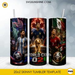 2026 World Soccer Legends 20oz skinny tumbler PNG sublimation wrap featuring championship trophy, soccer players, USA, Canada, Mexico flags, and stadium artwork