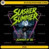 Slasher Summer PNG retro Summer of '86 horror Summerween digital design with neon spooky cabin and moon