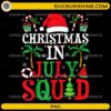 Christmas in July Squad PNG featuring Santa hat, palm trees, Christmas lights, candy canes, watermelon, and tropical holiday decorations.