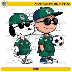 Snoopy inspired Mexico soccer PNG featuring cartoon characters wearing Mexico football jerseys, caps, sunglasses, and holding a soccer ball.