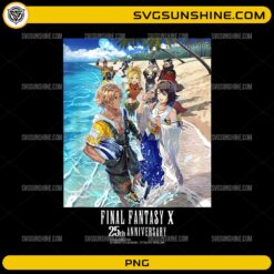 Final Fantasy X 25th Anniversary Collection PNG featuring Tidus, Yuna, and companions enjoying a tropical beach reunion.