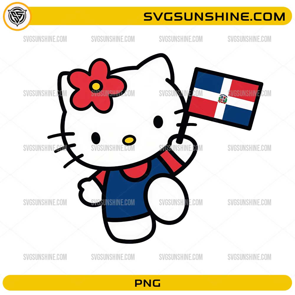 Cute Hello Kitty Dominican Republic PNG holding the Dominican Republic flag with a patriotic outfit.