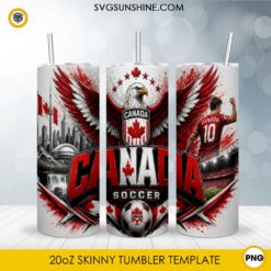 Canada Soccer 20oz skinny tumbler PNG sublimation wrap featuring maple leaf, soccer ball, stadium lights, Canadian skyline, and patriotic red and white artwork