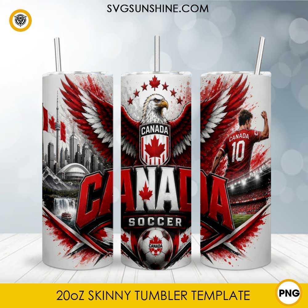 Canada Soccer 20oz skinny tumbler PNG sublimation wrap featuring maple leaf, soccer ball, stadium lights, Canadian skyline, and patriotic red and white artwork