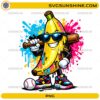 Banana Baseball Mascot PNG featuring a smiling banana holding a baseball bat with colorful paint splashes