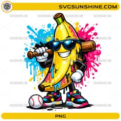 Banana Baseball Mascot PNG featuring a smiling banana holding a baseball bat with colorful paint splashes