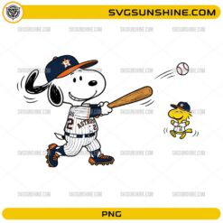 Snoopy inspired Houston Astros baseball PNG featuring a cartoon dog swinging a baseball bat with a little bird teammate.