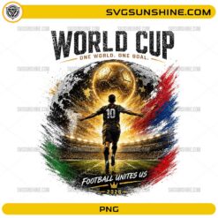 World Cup 2026 Soccer PNG with golden soccer ball, stadium, and football player design