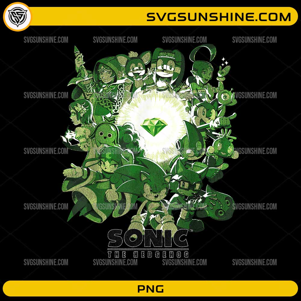 Sonic the Hedgehog Guardians of the Emerald PNG featuring Sonic and multiple characters surrounding a glowing green emerald