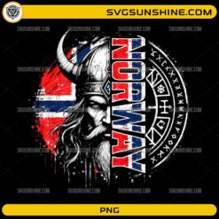 Vintage Norway Viking PNG with Norwegian flag colors and Nordic rune symbols