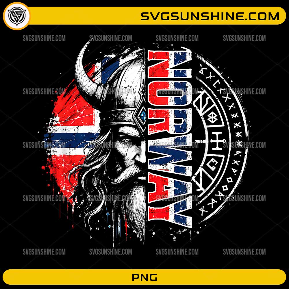 Vintage Norway Viking PNG with Norwegian flag colors and Nordic rune symbols