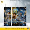Argentina soccer legend 20oz skinny tumbler PNG sublimation wrap featuring football player, Argentina flag, stadium, and championship-inspired artwork