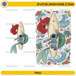 Ariel And Stitch Surfing PNG featuring cute beach summer cartoon artwork