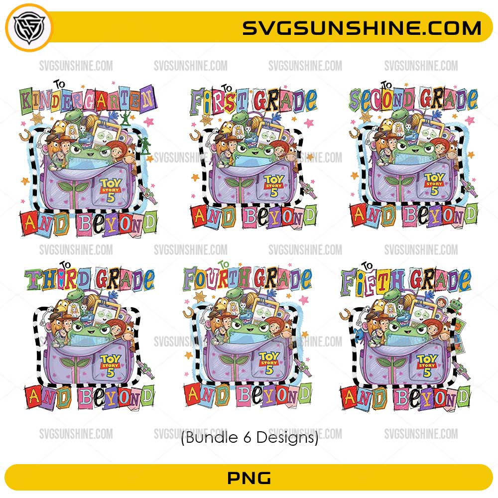 Back To School Toy Story Grade Level Bundle PNG featuring Kindergarten through Fifth Grade school designs