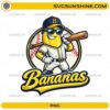 Bananas Baseball Mascot PNG with cute banana player holding a bat and wearing sunglasses
