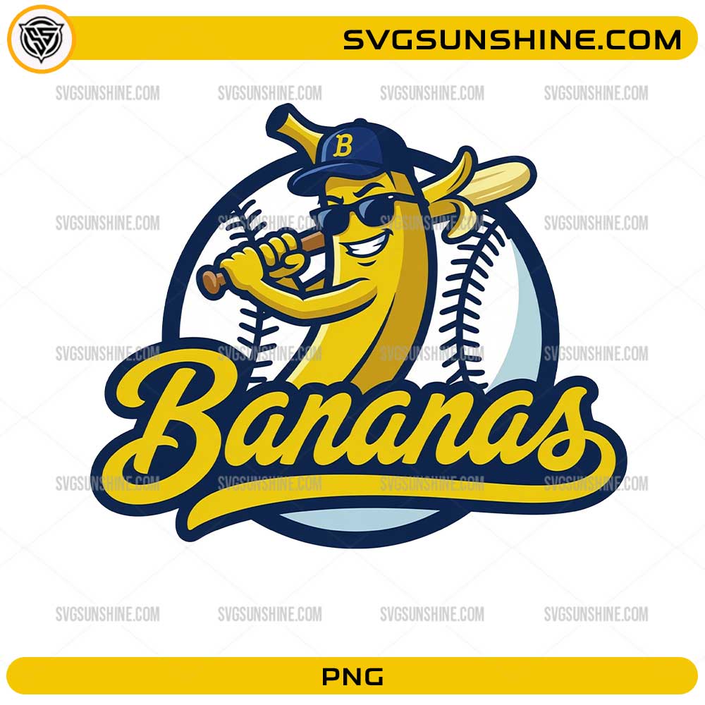 Bananas Baseball Player PNG featuring a cool banana mascot wearing sunglasses and holding a baseball bat