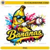Bananas Baseball PNG featuring a colorful banana mascot swinging a baseball bat with paint splash background