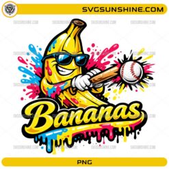 Bananas Baseball PNG featuring a colorful banana mascot swinging a baseball bat with paint splash background