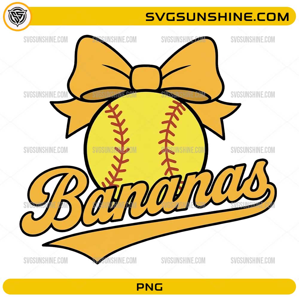 Bananas Softball Bow PNG with yellow softball and cute bow transparent background