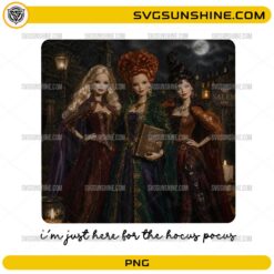 Barbie Hocus Pocus PNG featuring three witch sisters in a spooky Halloween scene