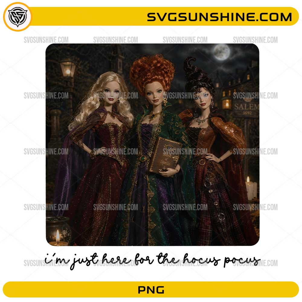 Barbie Hocus Pocus PNG featuring three witch sisters in a spooky Halloween scene