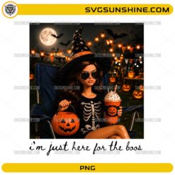 Barbie I'm Just Here For The Boos PNG featuring a stylish Halloween witch holding a pumpkin bucket
