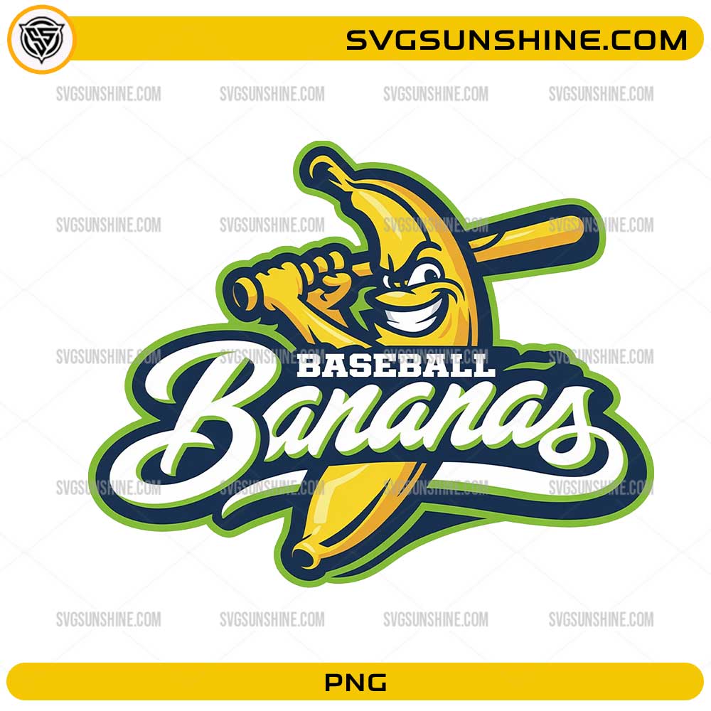 Baseball Bananas PNG featuring a smiling banana mascot holding a baseball bat with transparent background